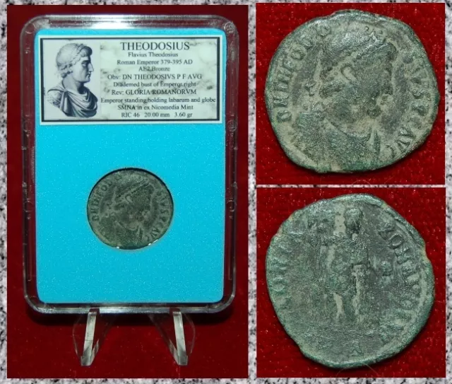 Ancient Roman Empire Coin Of THEODOSIUS Emperor Holding Globe And Labarum