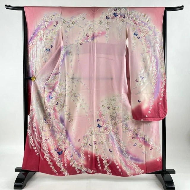 Japanese Kimono Furisode Pure Silk With Seal Bird Cherry Blossom Lame Pink