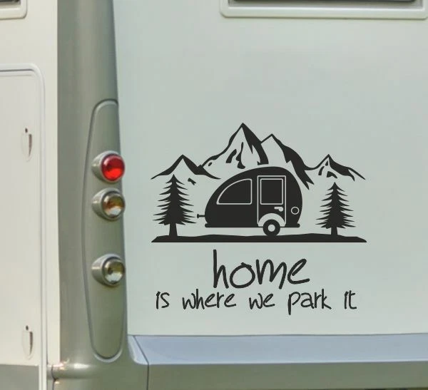 AUFKLEBER WOHNWAGEN WOHNMOBIL Camper Auto Spruch HOME IS WHERE WE PARK