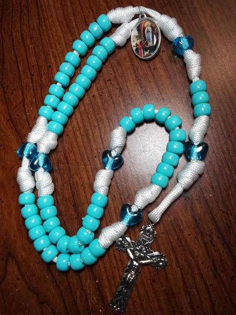 Turquoise Rosary Beads Heart Paters & Crucifix Our Lady of Lourdes Medal