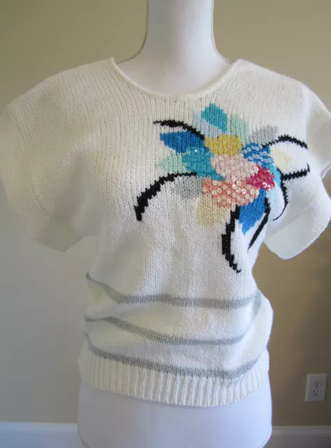 Vtg 80's Round Neck White w/Sequins Short Sleeve Knit Sweater Womens Sz S