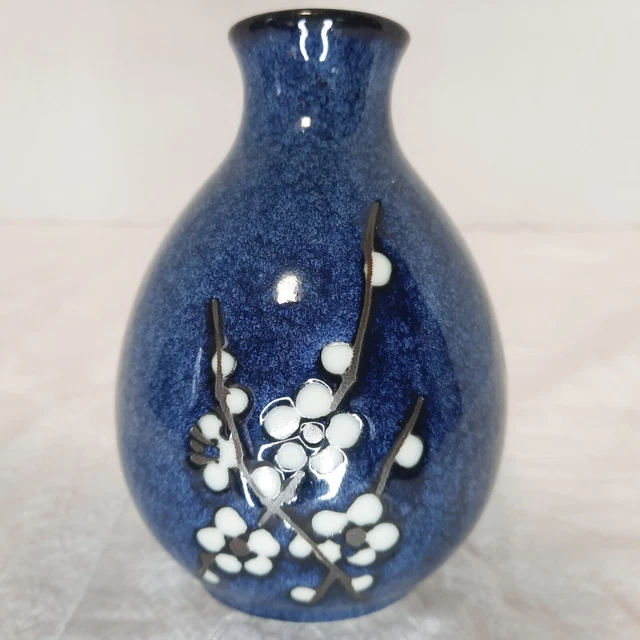 MIYA Bud Vase White Plum Blossoms on Blue Japan 4 1/4 Inches Tall