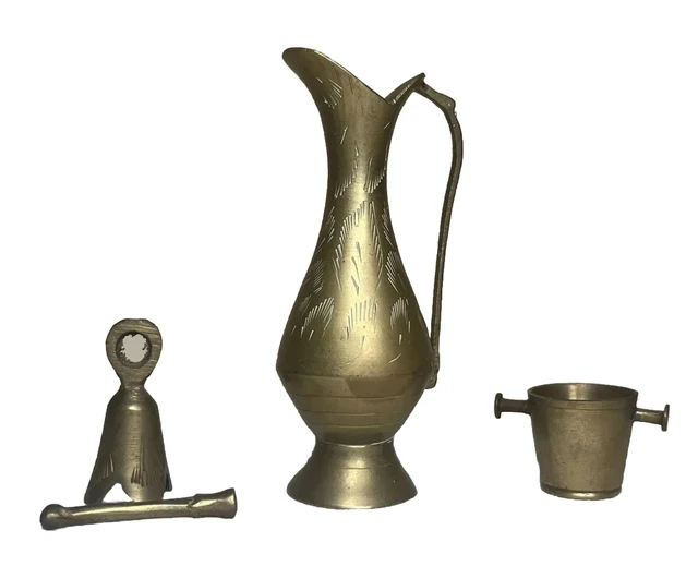 Collectible Mini Brass Pitcher Bell Bucket Dollhouse Shadow Box India Lot