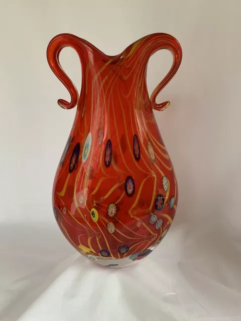 Murano Millefiori Pulled Feather Double Handled Red Vase Hand Blown