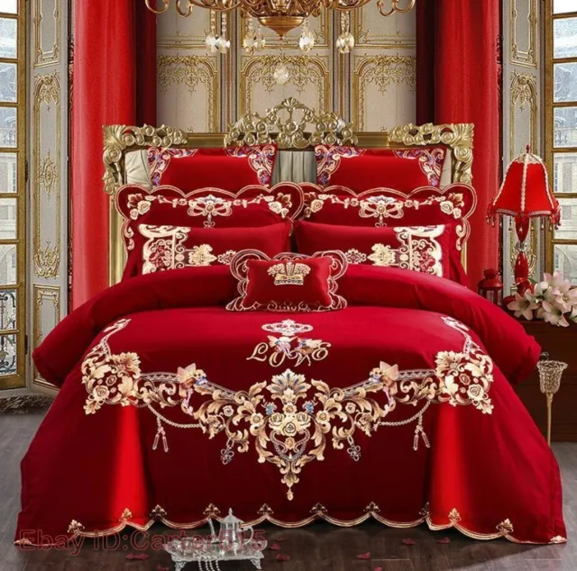 Luxury Red Chinese Style Wedding Embroidery Duvet Cover Bed Sheet Bedding Sets