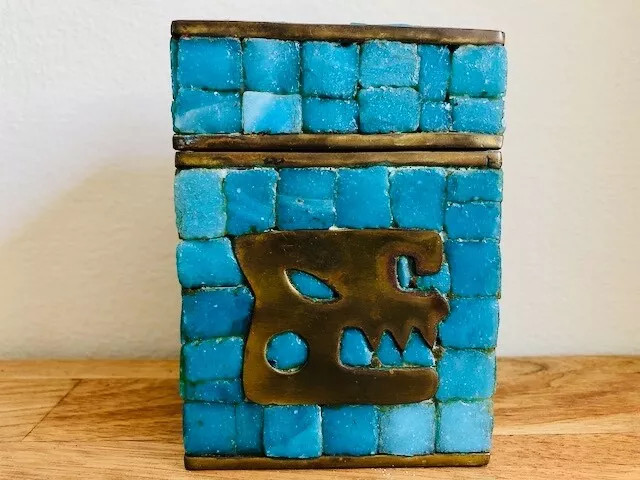 Salvador Teran Mosaic & Brass Box - Mexico, Glass Stone, Turquoise, Modernist  