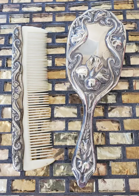 antique sterling silver comb brush set UNIQUE FLORAL pattern WHIMSICAL VINTAGE