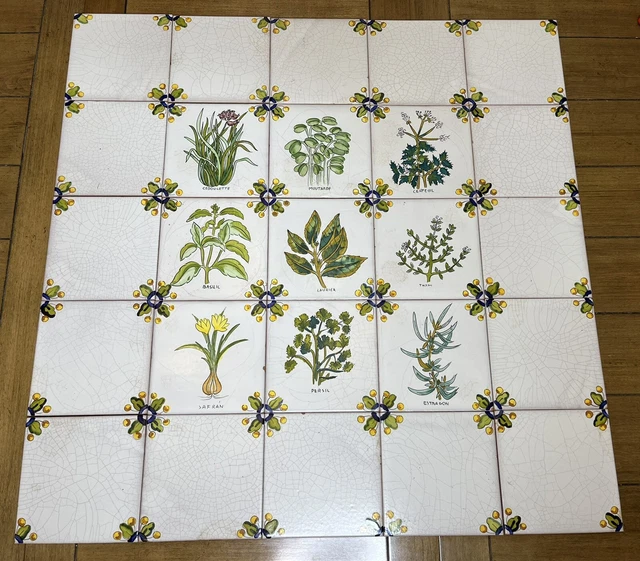 Hand Painted  Vintage Spanish Ceramic Tile Mosaic Herbal Mural Backsplash