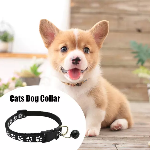 fr Pet Cat Dog Collar with Bell Footprint Buckle Adjustable Neck Strap (Black)