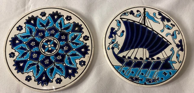 Vintage Niarchos Greek NASSOS RODOS Tile Coaster Ship Flower Handmade Greek