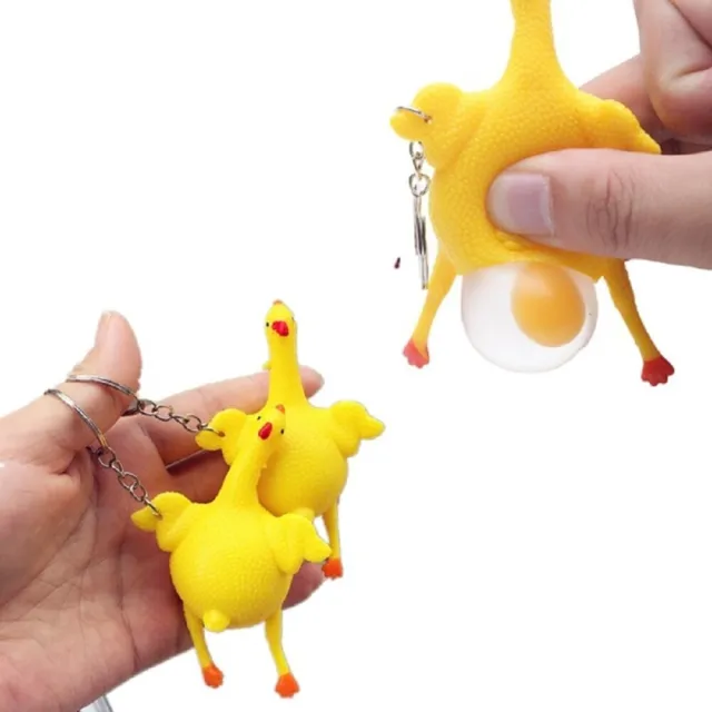 2 x Chicken Laying Egg Keyring Chain Funny Squeeze Anxious Stress Relief Autism