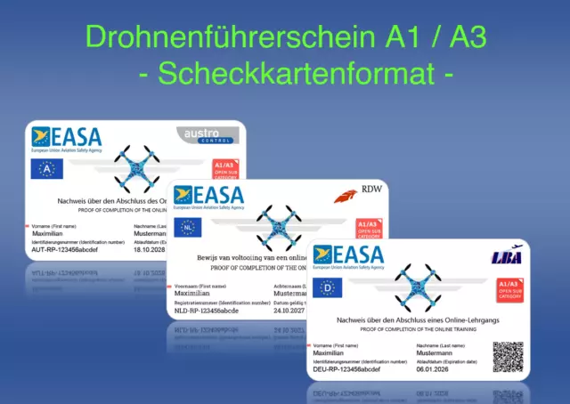 EU Drohnenführerschein A1/A3 Kompetenznachweis Scheckkartenformat Plastikkarte