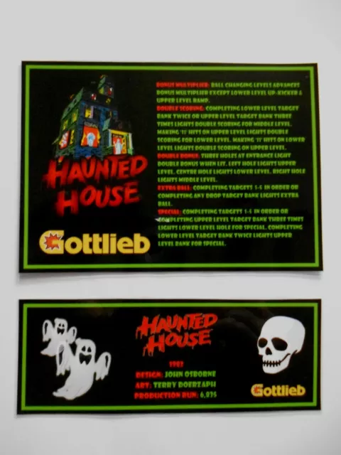 * * 'HAUNTED HOUSE' Gottlieb 1982 Custom Instruction/Apron Cards (New) * *