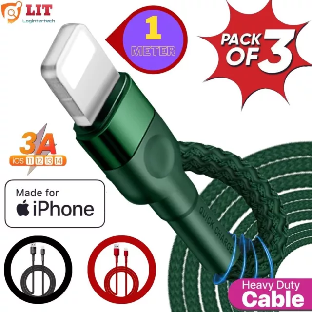 3 Paquet Câble USB Pour IPHONE 8 12 13 X 11 Pro Long Chargeur Rapide 1M Fish