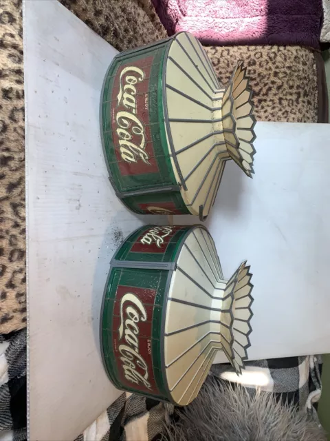 Vtg 70s Coca-Cola Stained Glass Style Plastic Lamp Shade Red/Green/Cream Pair