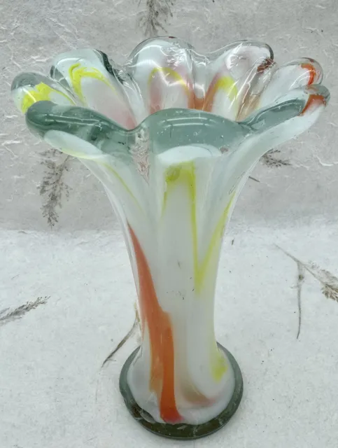 Vintage Spring Swung Art Glass Yellow Orange White Swirl Vase Petal Rim 6.5”