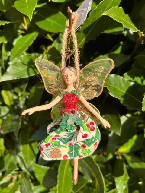 Gisela Graham Christmas Fairy  Resin Tree Decoration Red Gold Holly Berry 13227