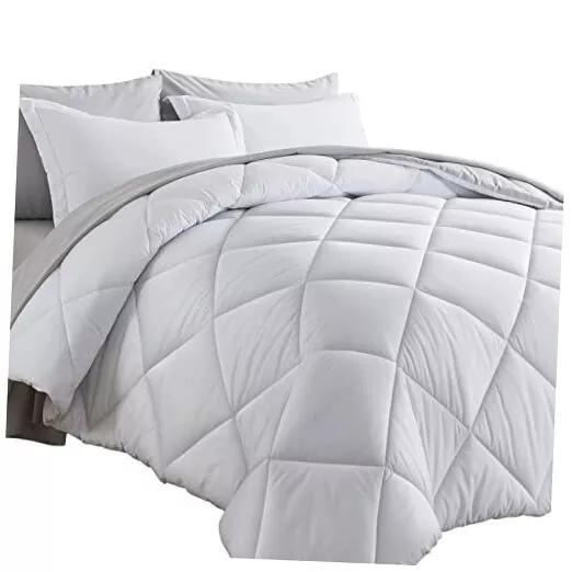 Bed in a Bag Reversible Comforter Sets 7pcs All Season Queen White/Light Grey