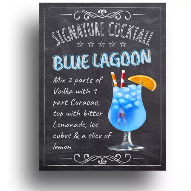 Blue Lagoon Cocktail Poster Wall Signs Plaques Home Tiki Bar Retro Print Kitchen