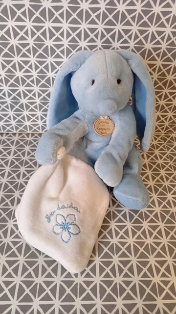 Doudou lapin bleu mouchoir blanc brodé mon doudou fleur Doudou et Compagnie