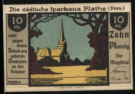 Notgeld Plathe Pom., 10 Pfennig, Blick auf die Kirche