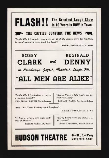 Bobby Clark "ALL MEN ARE ALIKE" Reginald Denny 1941 Broadway Comedy FLOP Flyer 2