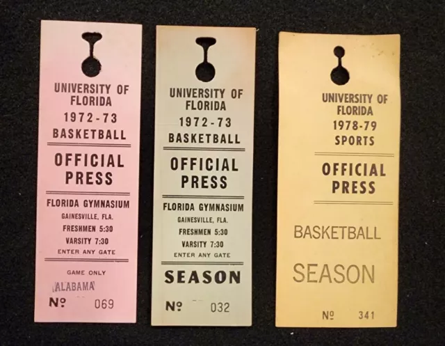 1972-73/1978-79 Florida Gators Basketball Press Ticket Lot (3) Alabama Season