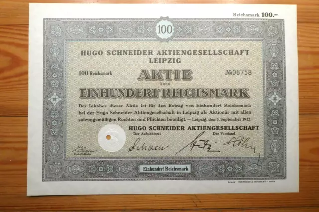 D: Hugo Schneider, Leipzig, 1932, 100 RM, LEUCHTEN, HEIZUNG *