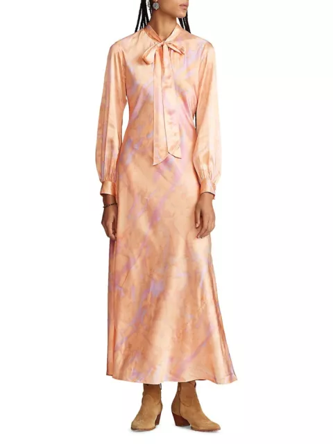 NWD Polo Ralph Lauren Rily 100% Silk Tie Collar Maxi Dress Size 4 Peach Dye 3