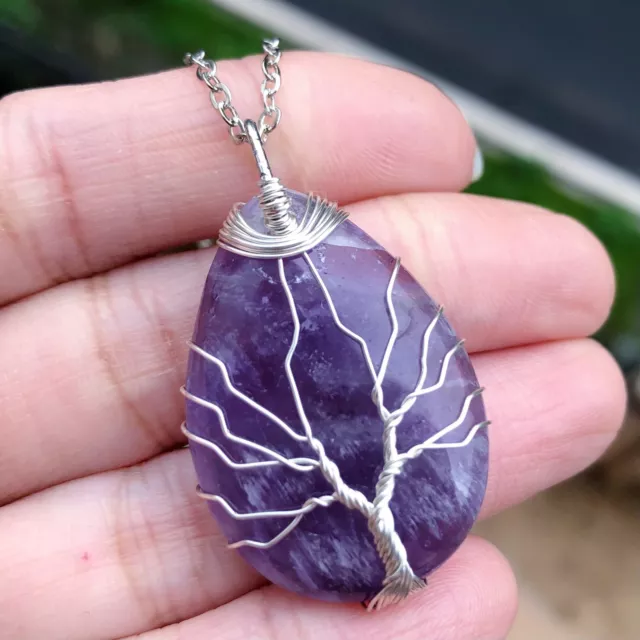 Amethyst Gems Tree Of Life Necklace Water-drop Chakra Reiki Healing Amulet