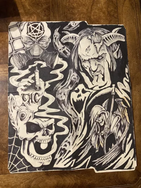 Prison Art on Manilla Folder. 14x17 Pen Work Demon Grim Reaper Satanic THC