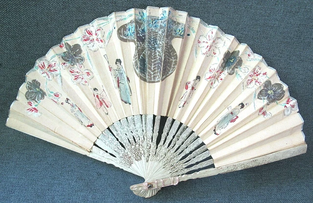 Antique hand painted chinese women & fowers paper wooden small hand fan