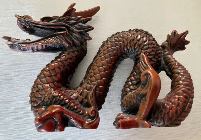Chinese Dragon Red Resin Statue Good Fortune Feng Shui 8”