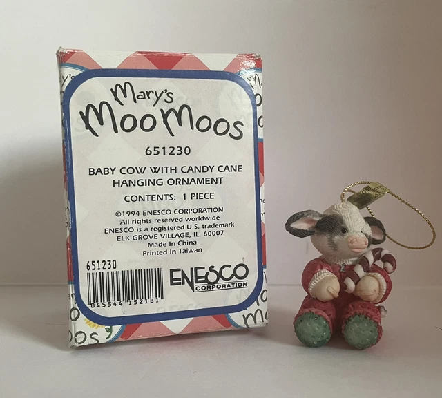 Mary's Moo Moos 1994 Baby Cow With Candycane Hanging Ornament 651230