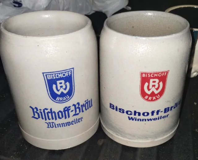 Pair Of German RARE BISCHOFF-BRAU Winnweiler Beer Mugs Brewery Now Closed