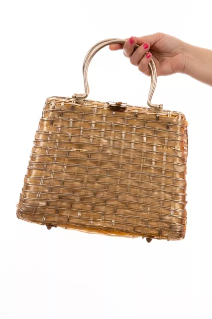 50s 60s Vintage Gold Silver Woven Raffia Caged Metal Handbag Evening Bag