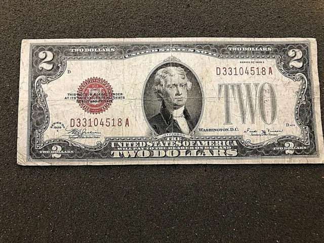 VINTAGE 1928-E $2 UNITED STATES NOTE TWO DOLLAR BILL RED SEAL; VG Condition