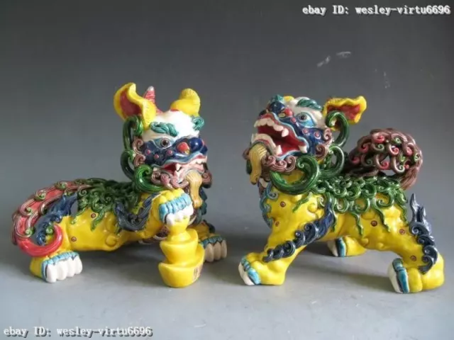 TaiWan KOJI pottery WuCai porcelain Guardian Evil Door kylin Foo Dog Lion Pair