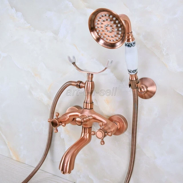 Antique Red Copper Wall Mount Bathroom Clawfoot Bath Tub Faucet w/ Hand Shower