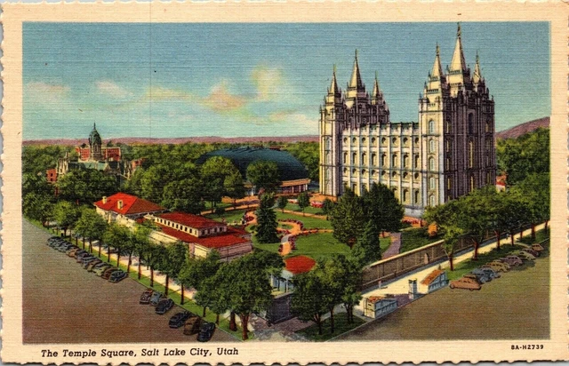 Temple Square Salt Lake City Utah UT Aerial View Linen Postcard Scalloped VTG