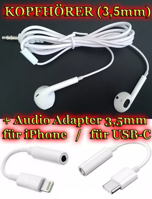 Kopfhörer 3,5mm Klinke für Handy Tablet iPhone iPad Weiß 1m Earphones 3.5 mm