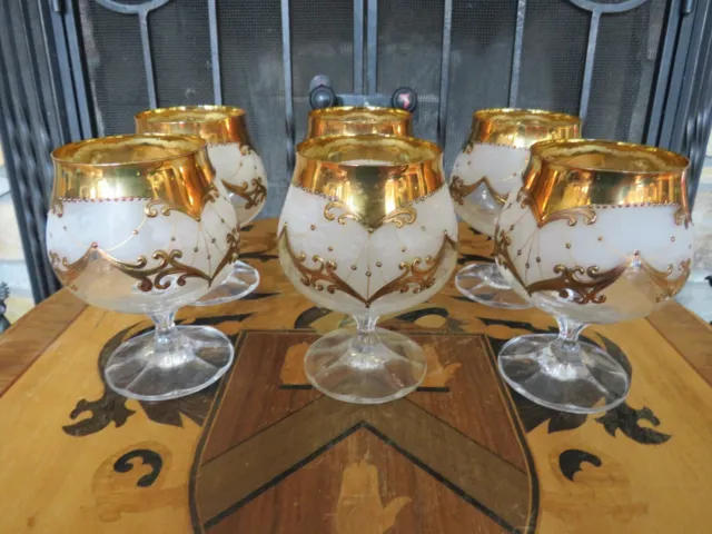 Vintage Italian Glass Handpainted Gold Trim Frosted Brandy Cognac Set 6 Snifters