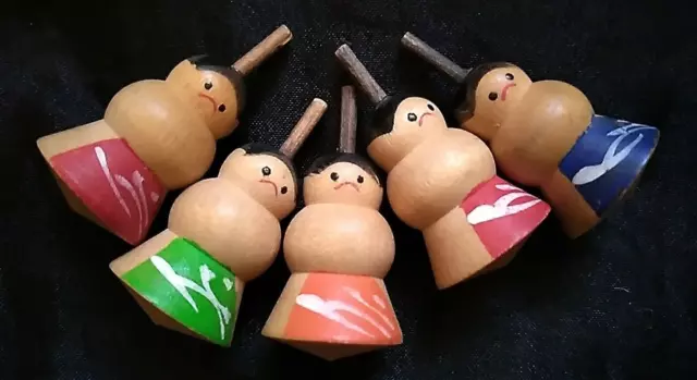 * 5 Lot Vtg Spinning Top SUMO Japanese Toy NOS Miniature Face Body Hand Painted