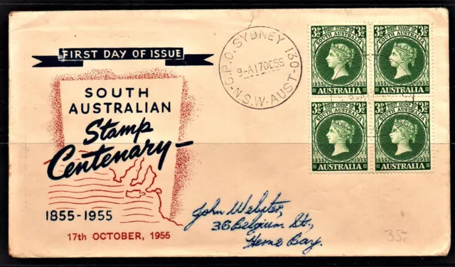 FDC 31/2d " Centenary of 1st South Aust. stamp " G.P.O. SYDNEY, NSW 1955