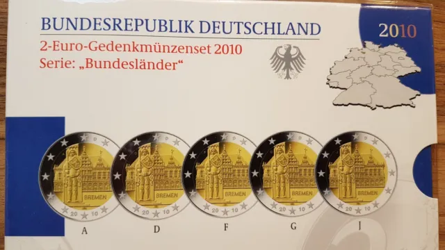 2 Euro Gedenkmünzenset 2010 Serie:Bundesländer Freie Hansestadt Bremen ADFGJ  PP 3