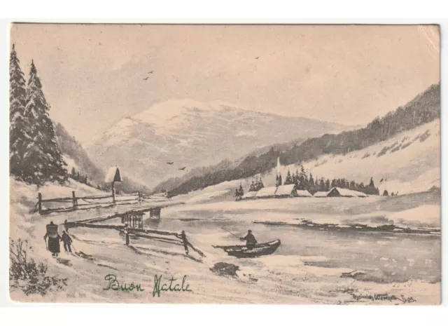 antica cartolina Buon Natale paesaggio di montagna fiume ponte Madonnina