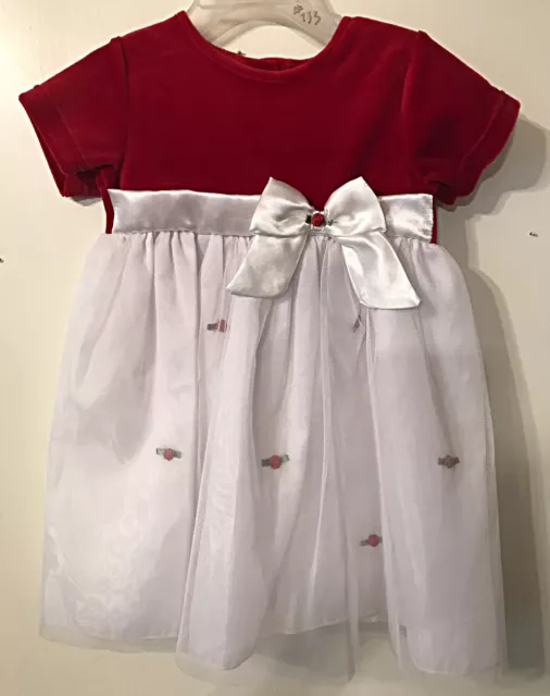 2T Baby Toddler Girls LITTLE LINDSAY Red Rose Velvet White Satin Bow Dress