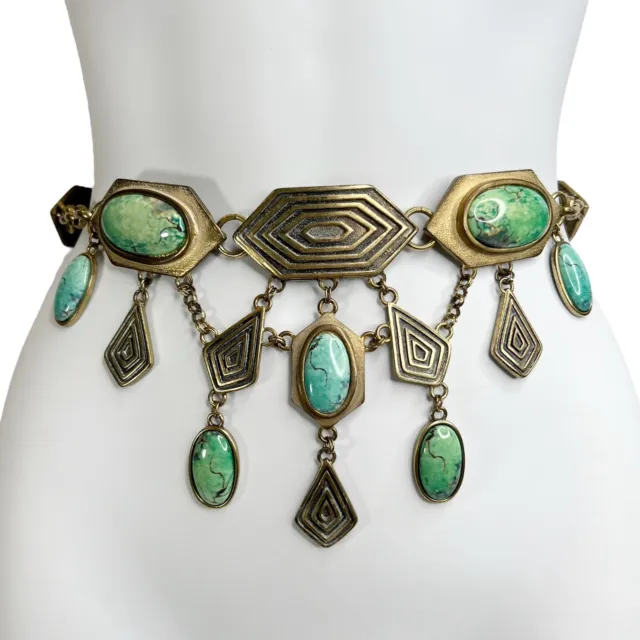 Chico’s Faux Turquoise Cabochon Antiqued Gold Tone Dangle Chain Belt 20-40.5 In