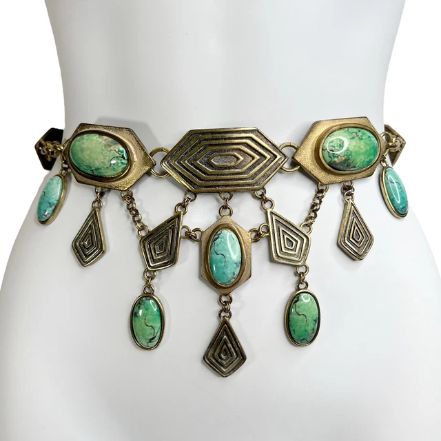 Chico’s Faux Turquoise Cabochon Antiqued Gold Tone Dangle Chain Belt 20-40.5 In