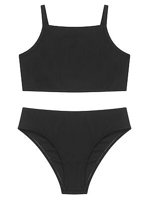 iEFiEL Mädchen Kinder Bikini Set 2 Teiler Einfarbig Badeanzug Träger Top + Slips